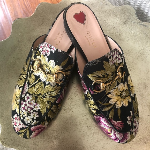 Gucci Shoes - Gucci Floral Embroidered Black Gold Horsebit Mules